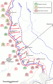 World War 1 Picture - British infantry attack plan for 1 July. The only success came in the south at Mametz and Montauban and on the French sector.