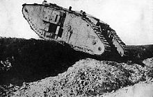 World War 1 Picture - British Mark IV Female tank crossing a trench (training in England, 1917)