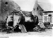 World War 1 Picture - Destroyed British tank, 29 November 1917