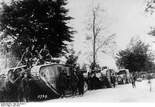 World War 1 Picture - Captured British Mark IV tanks used by German troops.