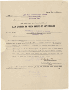 World War 1 Picture - Claim of Appeal for conscientious objector status by Alvin York.