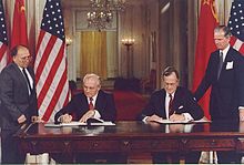 World War 1 Picture - George H. W. Bush and Mikhail Gorbachev signing the bilateral treaty on 1990-06-01