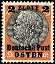 World War 1 Picture - Hindenburg's image on a German postage stamp overprinted for use in Nazi-occupied Poland.