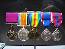 World War 1 Picture - Konowal's medals at the Canadian War Museum. From the left: the Victoria Cross, British War Medal, Victory Medal, George VI Coronation Medal, Elizabeth II Coronation Medal