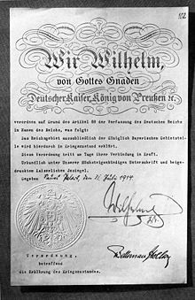 World War 1 Picture - Declaration of a state of war from the German Empire in 1914.