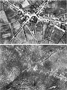 World War 1 Picture - Aerial view of Passchendaele village before and after the battle.