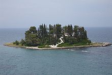 World War 1 Picture - Pontikonisi island is home of the monastery of Pantokrator (Μοναστήρι του Παντοκράτορος). The white staircase of the monastery resembles from afar a (mouse) tail. The island got its name from this architectural (perceptual) quirk: Mouse island.