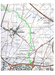 World War 1 Picture - A modern map with the frontline close to Roclincourt highlighted in green.