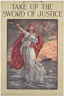 World War 1 Picture - Take Up the Sword of Justice, a UK propaganda poster with Lusitania in the background