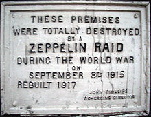 World War 1 Picture - A plaque, (located on 61 Farringdon Road, London), commemorating a World War I Zeppelin raid on London.