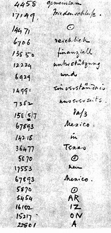 World War 1 Picture - A portion of the Telegram as decrypted by the British Naval Intelligence codebreakers. Because Arizona had only been admitted to the U.S. in 1912, the word Arizona was not in the German codebook and had therefore to be split into phonetic syllables.