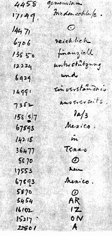 World War 1 Picture - A portion of the Telegram as decrypted by the British Naval Intelligence codebreakers. Because Arizona had only been admitted to the U.S. in 1912, the word Arizona was not in the German codebook and had therefore to be split into phonetic syllables.