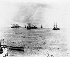 World War 1 Picture - German, British and American warships in Apia harbour, 1899.