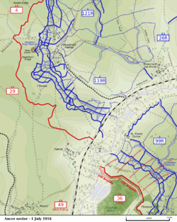 World War 1 Picture - Front-line north and south of the Ancre River. The 29th Division attacked towards Beaumont Hamel while the 36th (Ulster) Division captured the Schwaben Redoubt north of Thiepval.