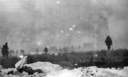 World War 1 Picture - British infantry advancing through gas at Loos, 25 September 1915