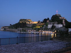 World War 1 Picture - The northern side of the old citadel at night. The Great Cross can be clearly seen as described in the Palaio Frourio section of this article
