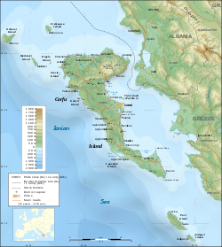 World War 1 Picture - Map of Corfu. Its satellite islands of Ereikousa, Othoni and Mathraki counterclockwise NW, WNW and W respectively (with respect to the northern part of the island at the top of the map) and Paxoi and Antipaxoi on the SE side, are visible.
