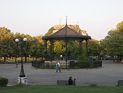 World War 1 Picture - The Music Pavilion in Spianada (Ano Plateia) with Palaio Frourio in the background. The philharmonics use it regularly for their free concerts