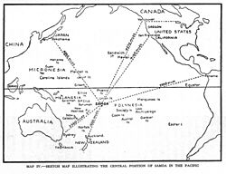 World War 1 Picture - 1934 Sketch map showing the central position of the Samoa Islands in the Pacific.