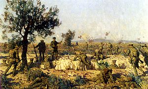 World War 1 Picture - McCay leads the 2nd Infantry Brigade at the Second Battle of Krithia. (Painting by Charles Wheeler, 1927).