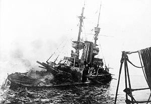 World War 1 Picture - British battleship HMS Irresistible abandoned and sinking, 18 March 1915, during the Gallipoli Campaign