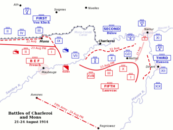 World War 1 Picture - Map of the battles of Charleroi and Mons, 21-24 August.