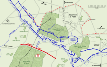 World War 1 Picture - Map of the German second position facing the British 21st Division near Bazentin le Petit, 14 July 1916. The division's start line is in red. The area captured by 9 a.m. is shown by the dashed red line.