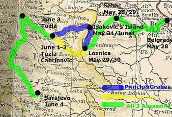 World War 1 Picture - Route of the assassins from Belgrade to Sarajevo