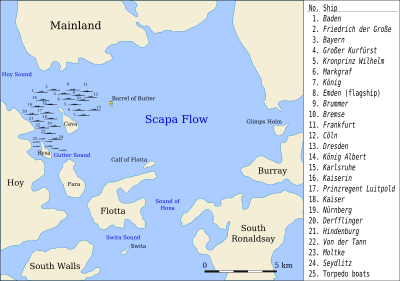 World War 1 Picture - Map of the scuttled ships showing Friedrich der Grosse (#2); click for a larger view