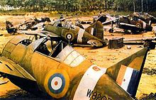 World War 1 Picture - Brewster B339E wrecks cannibalized for parts, probably in Singapore circa late January 1942. Two of the Buffalos, serials W8156 and W8207, were operated by 453 Squadron RAAF.[18]