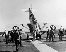 World War 1 Picture - Lt. Thach tipped this F2A-1 onto its nose on Saratoga, March 1940.