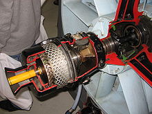 Airplane Picture - Cutaway of an air start system of a General Electric J79 turbojet. The small turbine and epicyclic gearing are clearly visible.