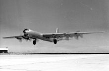 Airplane Picture - The XB-36 taking off. Production aircraft had four-wheel main gear instead of the giant single tires seen on the prototype aircraft.