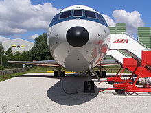 Airplane Picture - Preserved Trident G-AWZK showing the type's peculiar landing gear design. The nosewheel was offset to starboard to make room for a large avionics bay beneath the flightdeck. Each main undercarriage legs had two wheels, each with two tyres; these rotated through 90 degrees to stow into the centre section