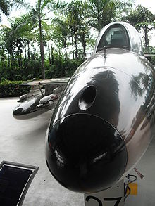 Airplane Picture - Mounted above the Hunter's nose (ex-RAF XF458) is the G-10 gun camera port.