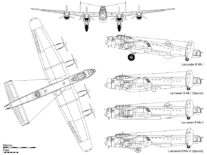 Warbird Picture - Orthographic projection of the Lancaster B Mk.I, with profiles detailing the B Mk.I (Special) with Grand Slam bomb, Hercules-powered B Mk.II with bulged bomb-bay doors and FN.64 ventral turret and the B Mk.III (Special) with the Upkeep store