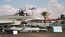 Airplane Picture - Prototype on display at the 1998 Dubai Airshow. The multiple roundels for the air forces are: (left to right) Spanish Ejrcito del Aire, Italian Aeronautica Militare, British Royal Air Force, and German Luftwaffe.