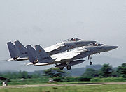 Airplane picture - Two F-15J Eagles of the 202nd TFS, Japan Air Self-Defense Force, take off in formation during a joint USA/Japan exercise