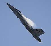 Airplane Pictures - A Hornet performing a high-g pull-up during an air show. The high angle of attack causes powerful vortices to form at the leading edge extensions
