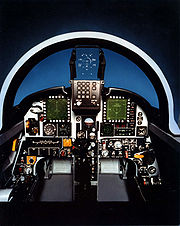 Airplane picture - A mock-up of the prototype cockpit, showing the two multi-function displays and HUD.