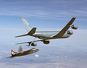 Airplane Pictures - An F-22 refuels from a KC-135 during testing; the attachment on the back top is for a spin recovery chute