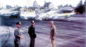 Airplane Pictures - 27th FW North American F-82E Twin Mustangs, (Serial 46-354 identifiable) along with a Boeing B-29 Superfortress at Kearney AFB Nebraska