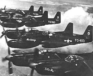 Airplane Pictures - Flight of 339th FS F-82Gs (46-403, 46-390, 46-366, 46-394) heading to Korea in June 1950