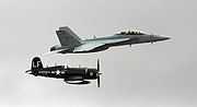 Airplane Pictures - F/A-18F Super Hornet flying alongside an F4U at the Miramar Air Show in 2008