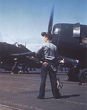 Airplane Pictures - Aircraft captains ready VF-82 Grumman F6F-5 for launch from USS Bennington (CV-20) off Okinawa in May 1945. Late-war production F6F-5 show the overall Glossy Sea Blue