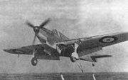 Fulmar Mk I landing on an aircraft carrier in the Mediterranean, 1941