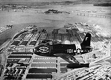 Airplane picture - A U.S. Navy FJ-1 Fury of the Oakland Naval Air Reserve flies over Oakland, California in 1950