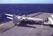 Australian Tracker 845 "in the chocks" prepares to launch from HMAS Melbourne, 1979