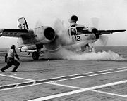 US Navy S-2 Tracker on the port catapult of USS Lexington awaiting of take-off, 22 January 1963