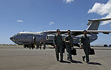 Airplane Picture - Indian air force pilots walk away from their IL-76 medium cargo jet after landing at Hickam Air Force Base, Hawaii.
